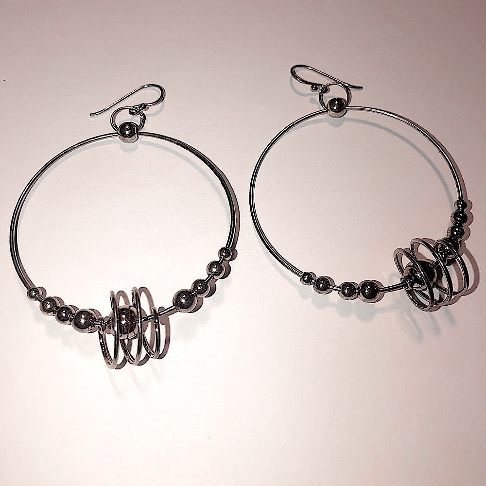 VTG Sterling Large Beaded Spiral Centre Hoop Dangle Earrings 2” / 2.75” Total